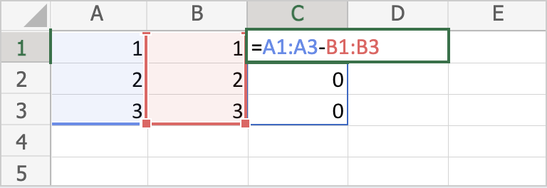 Screenshot of Excel showing highlighted cells and the notation `=A1:A3-B1:B3`