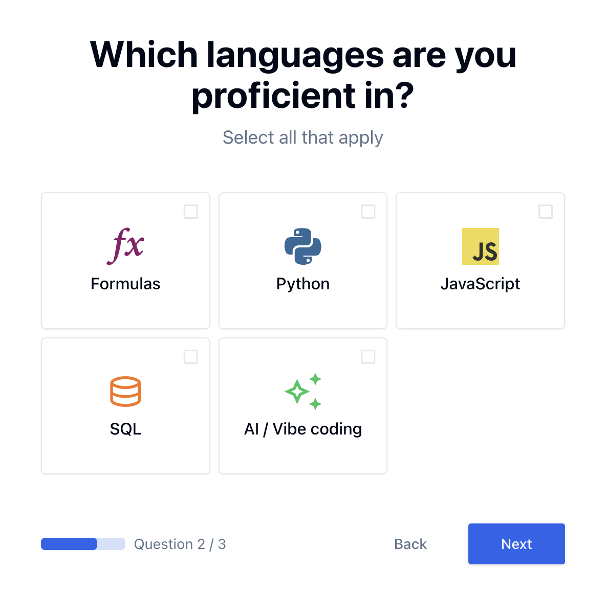 Image from the onboarding flow that shows a selection for what languages users are familiar with.