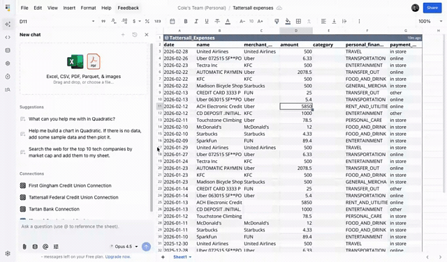 AI chat applying conditional formatting to highlight expense amounts over 1000 in a Tattersall expenses table.