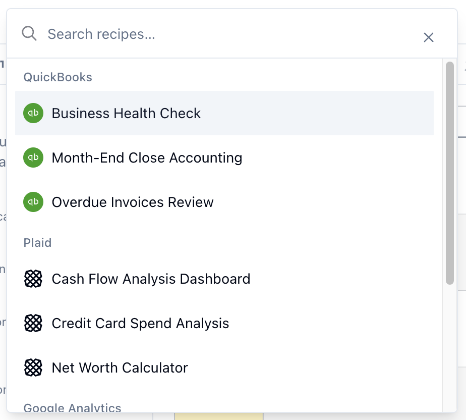 Recipe picker in the data sidebar with QuickBooks, Plaid, and Google Analytics recipes.