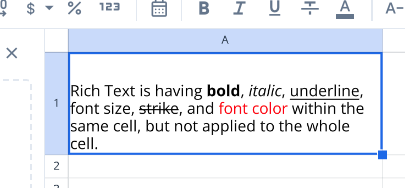 Rich text formatting toolbar and mixed formatting within a single spreadsheet cell.