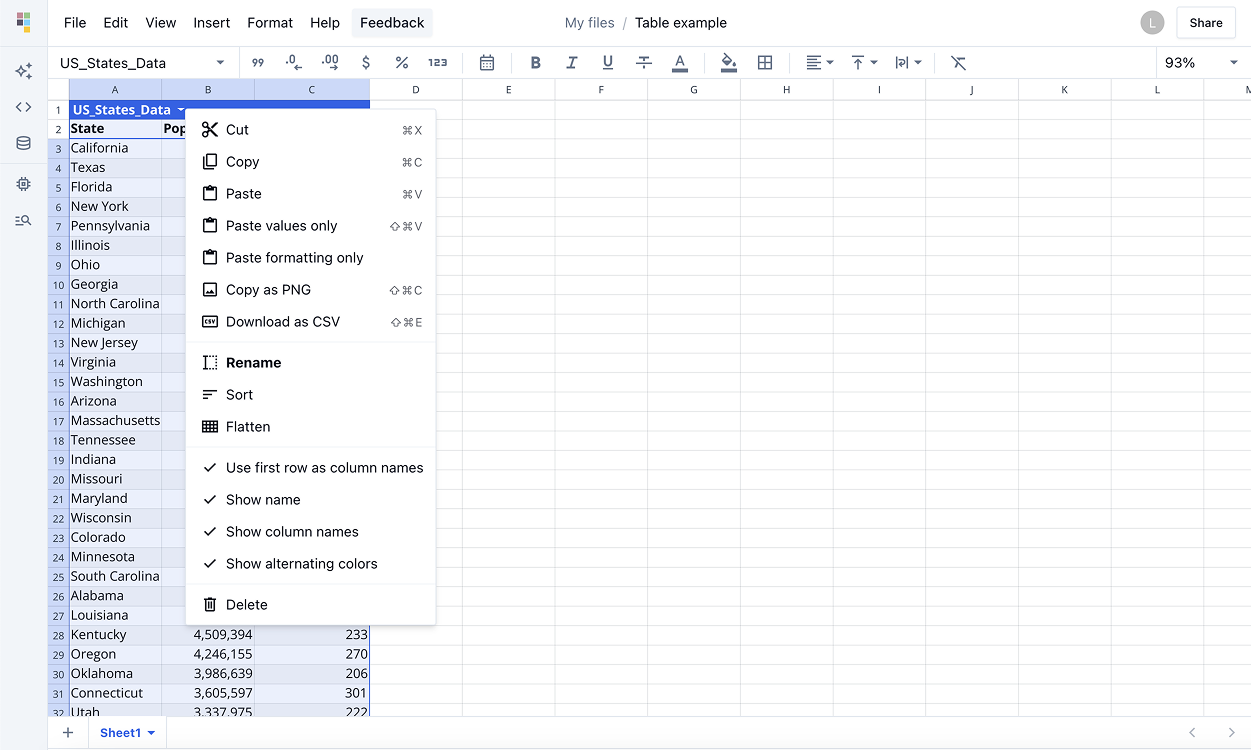 Table name menu dropdown options.