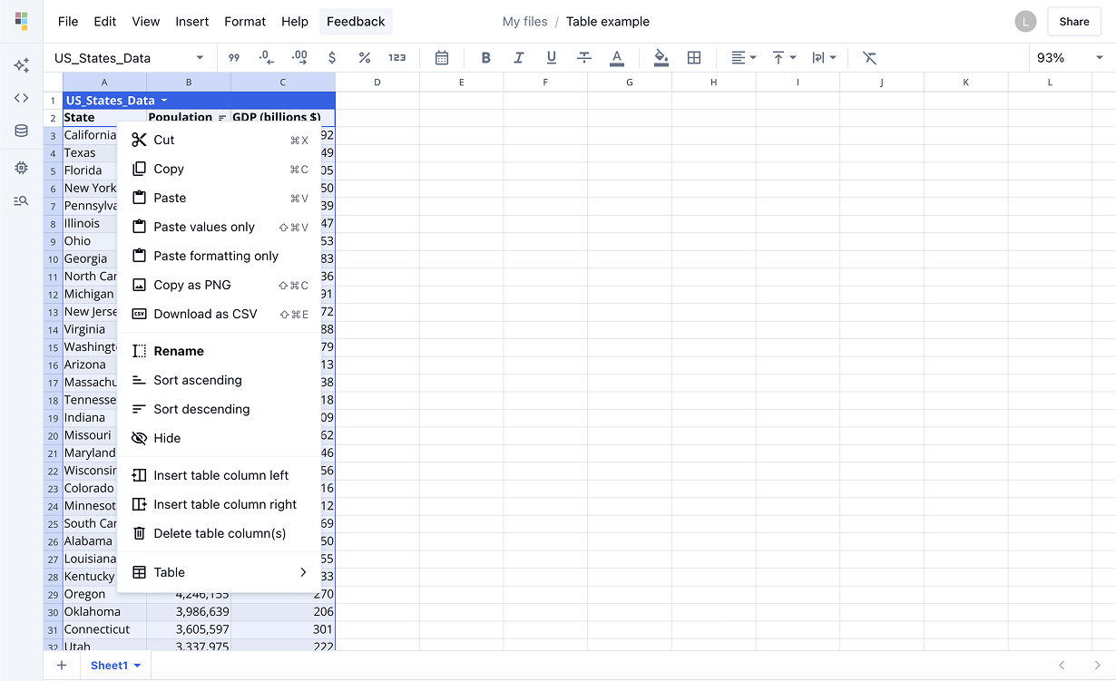 Table column header dropdown options.