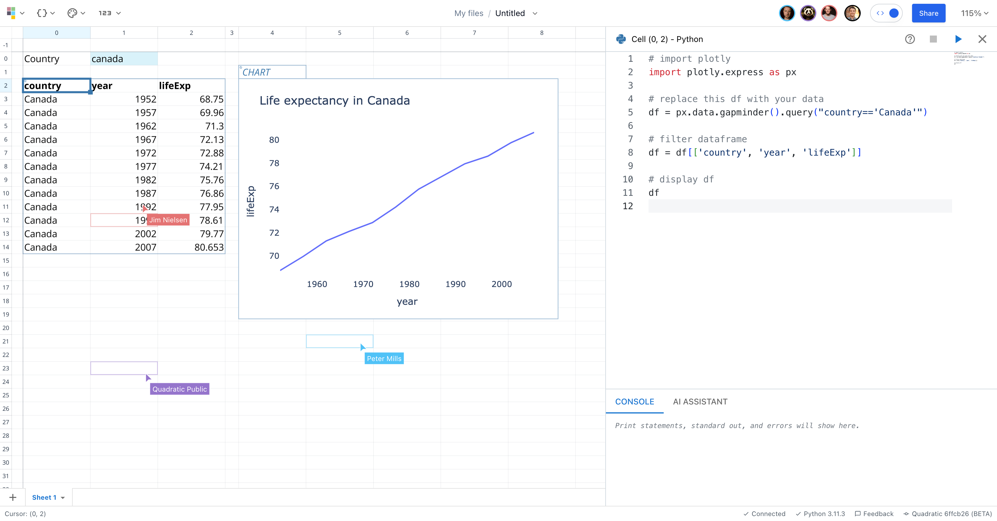 Screenshot of Quadratic app, an AI for spreadsheets